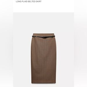 Zara Tan Plaid Midi Skirt with Black Belt